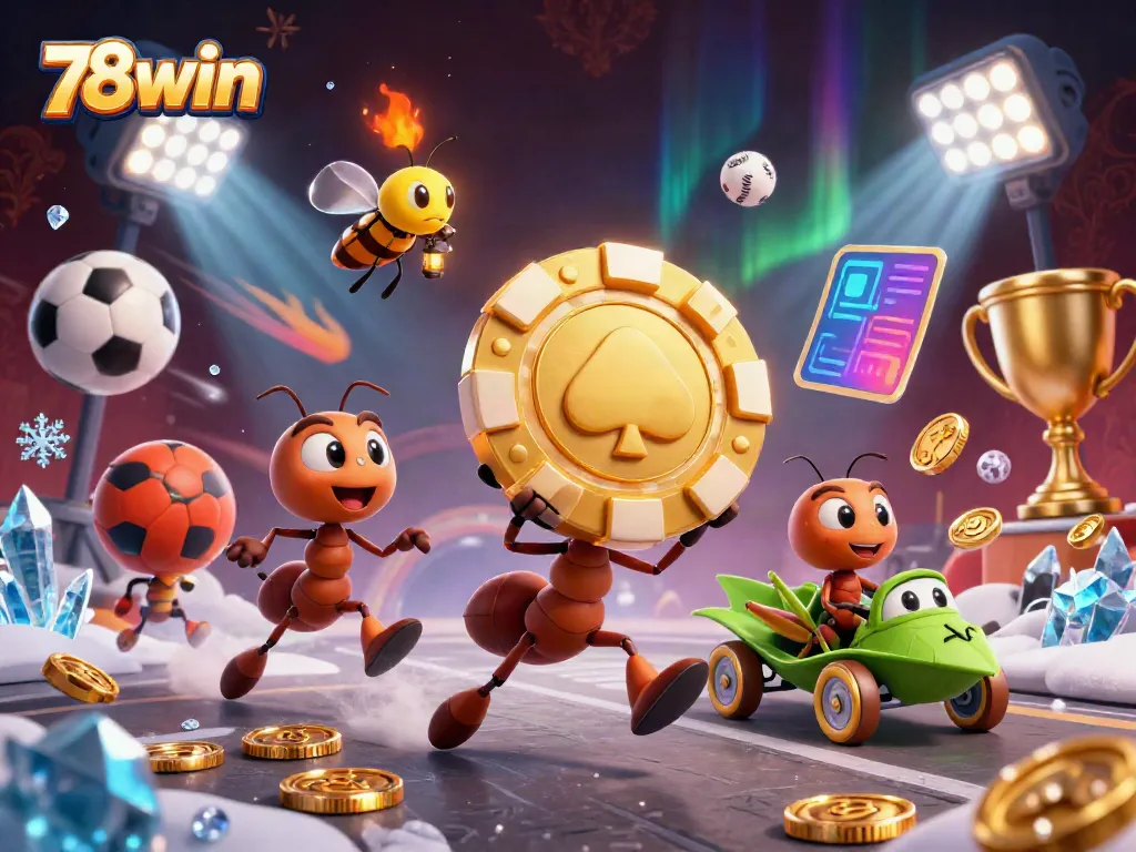Unleash the excitement with 78win's thrilling 3D heist scene featuring cartoon ants and sports elements.
