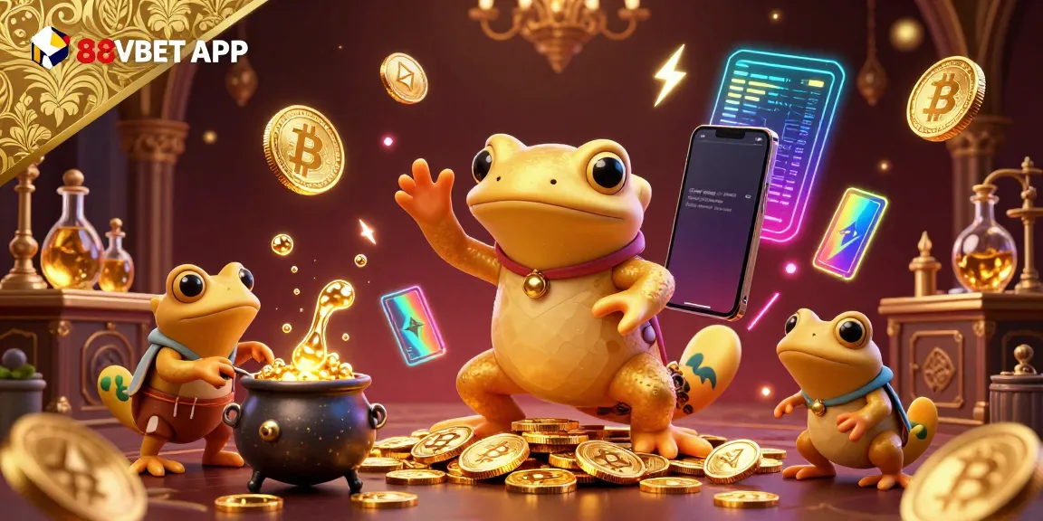 Experience the thrilling 88VBET APP with golden alchemist characters transforming metal into coins surrounded by vibrant crypto elements.