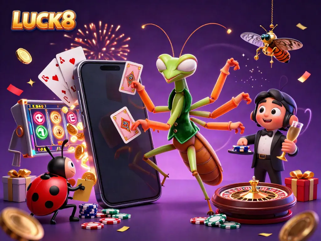 LUCK8 features a dynamic scene with a giant mantis dealer and ladybug pit boss amidst vibrant casino elements.