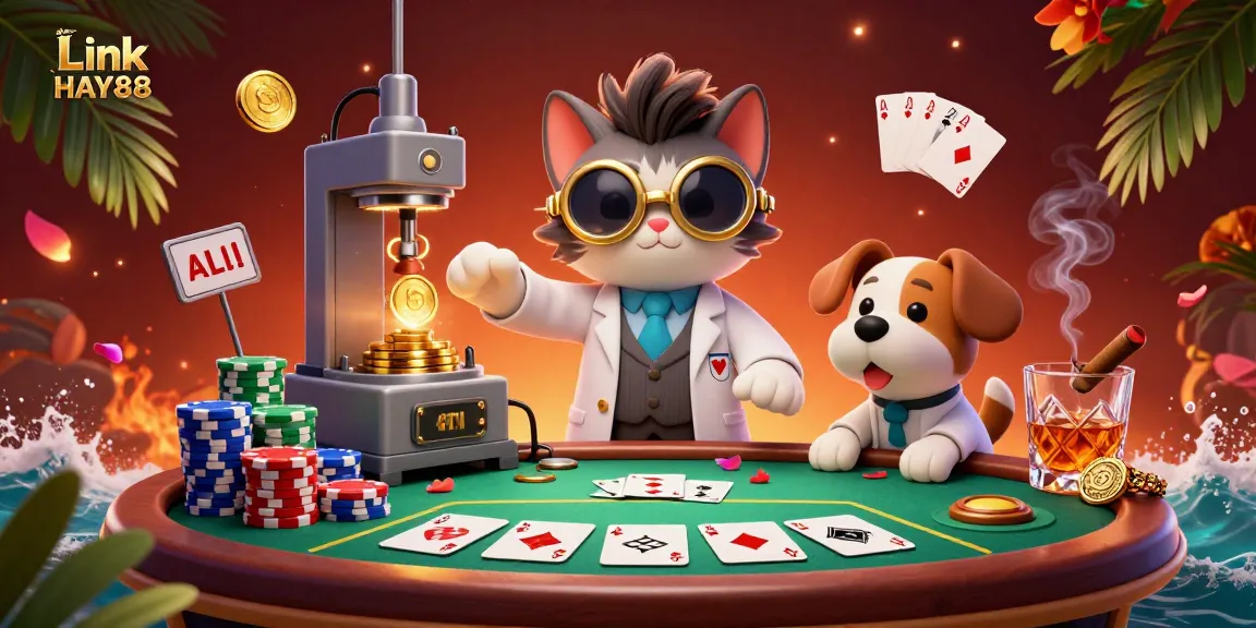 Engage with Link HAY88 in a vibrant poker scene featuring a mad scientist cat and dog amidst chips and cards.
