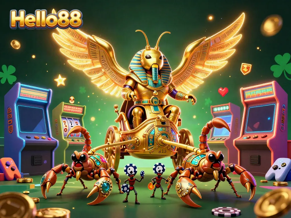 Engage with Hello88's vibrant casino experience featuring a golden scarab chariot and slot symbols.