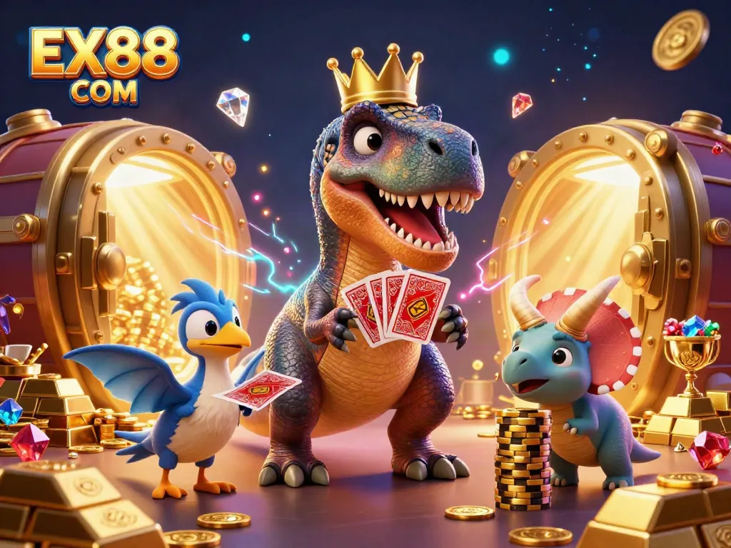 Experience the excitement of gambling with EX88 COM featuring quirky dinosaur characters in a vibrant casino scene.