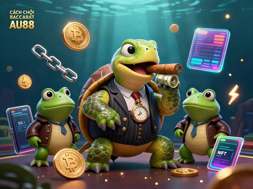 CÁCH CHƠI BACCARAT AU88 scene with a snapping turtle in a suit and frog enforcers, capturing casino energy.