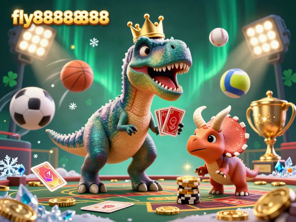 Engaging illustration where a T-Rex and a pterodactyl assist in a vibrant casino scene featuring sports elements while promoting fly88888888.