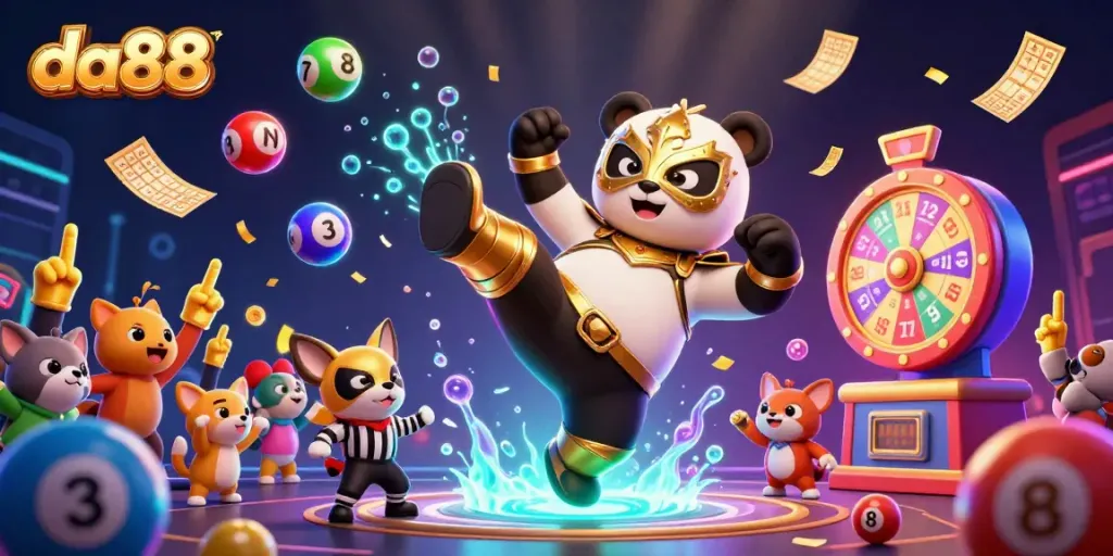 Catch the da88 excitement with a vibrant 3D casino scene featuring a flying panda wrestler!