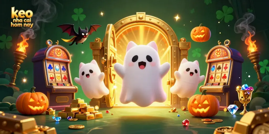 Bet on keo nha cai hom nay with festive ghosts and cats in a haunted casino.