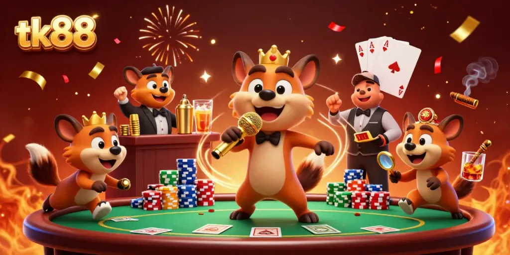 Witness the charm of tk88 as cartoon hyenas create laughter and fun at a vibrant casino club.