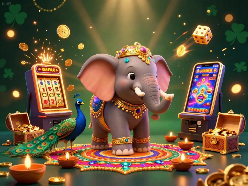 Engage with the vibrant ku88 casino scene featuring a colorful elephant and peacock amidst dynamic gaming elements.