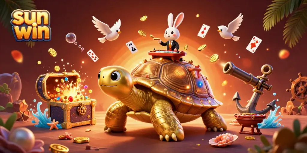 Experience the excitement of sun win with an energetic casino scene featuring a golden tortoise and a rabbit dealer.