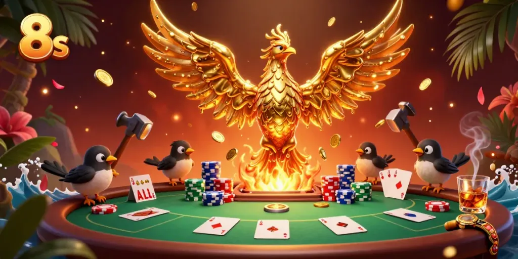 Engage in thrilling poker gameplay at 8s, where a molten phoenix brings luck and golden coin rewards.