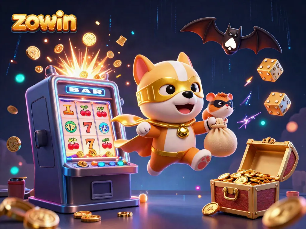Zowin offers thrilling gaming with a superhero dog flying high, scattering winnings in an exciting casino environment.