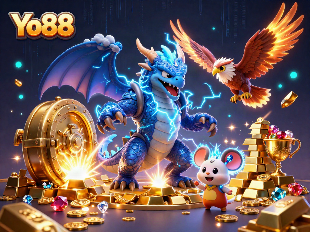 Experience thrilling gameplay at Yo88 with vibrant casino-themed characters amidst treasure-filled excitement.