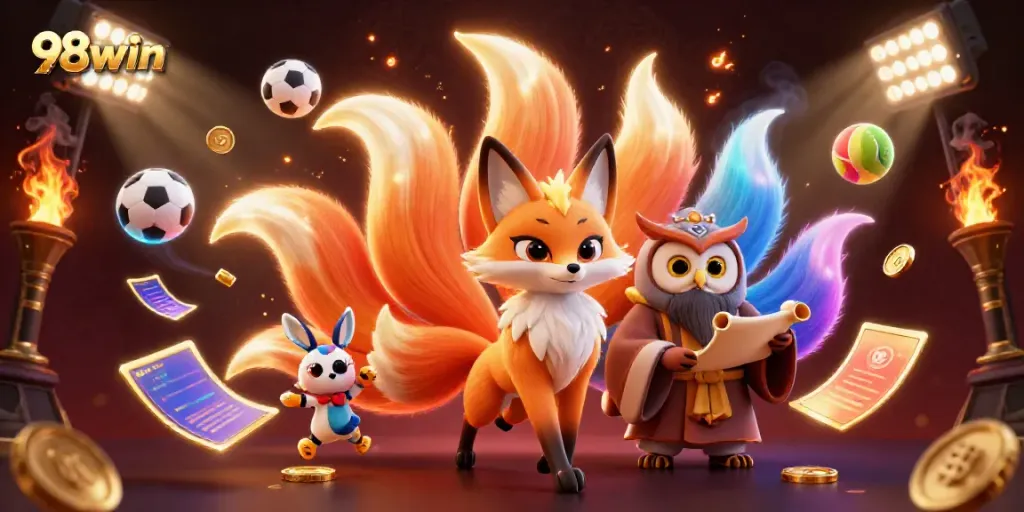 Experience the excitement of 98win with a vibrant 3D illustration of a fox spirit and owl surrounded by dynamic sports elements.