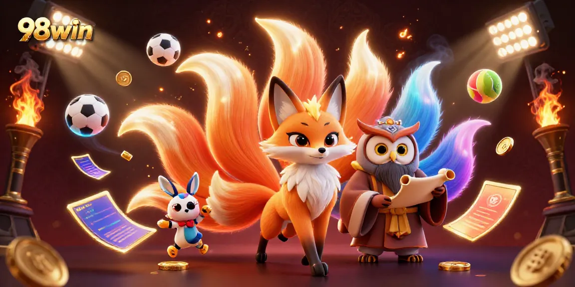 Experience the excitement of 98win with a vibrant 3D illustration of a fox spirit and owl surrounded by dynamic sports elements.