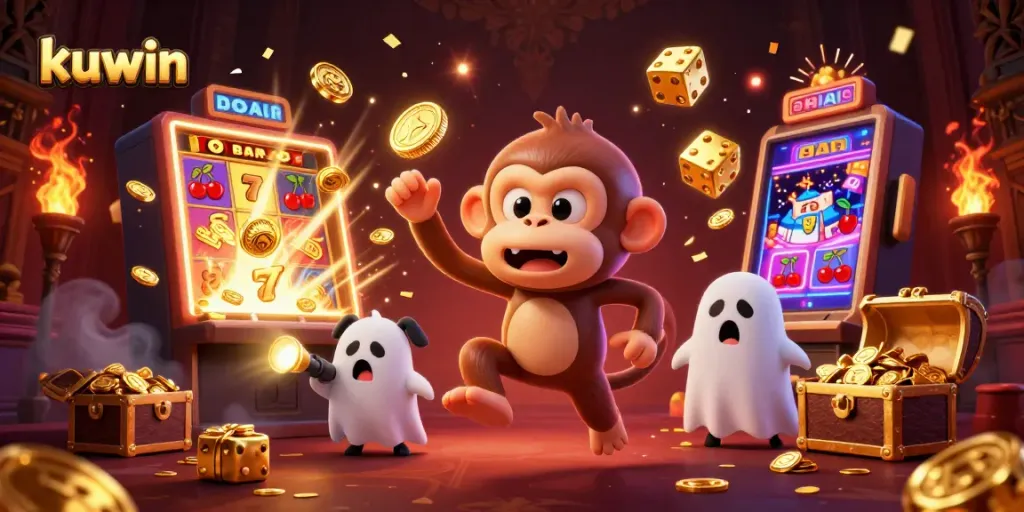Kuwin's playful ghostly monkey juggles casino treasures in a whimsical haunted casino scene.