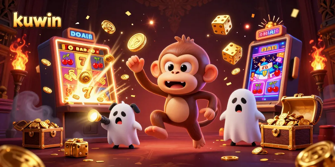 Kuwin's playful ghostly monkey juggles casino treasures in a whimsical haunted casino scene.