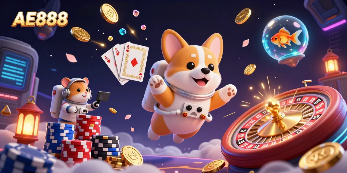 Experience the vibrant AE888 casino excitement with floating elements and animated characters in a dynamic 3D scene.