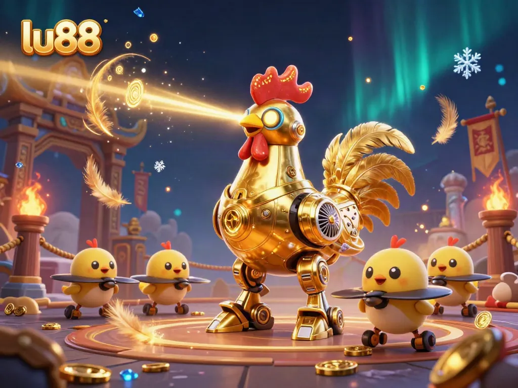 Engage with thrilling gameplay at LU88 featuring a golden rooster robot amidst a vibrant casino backdrop.