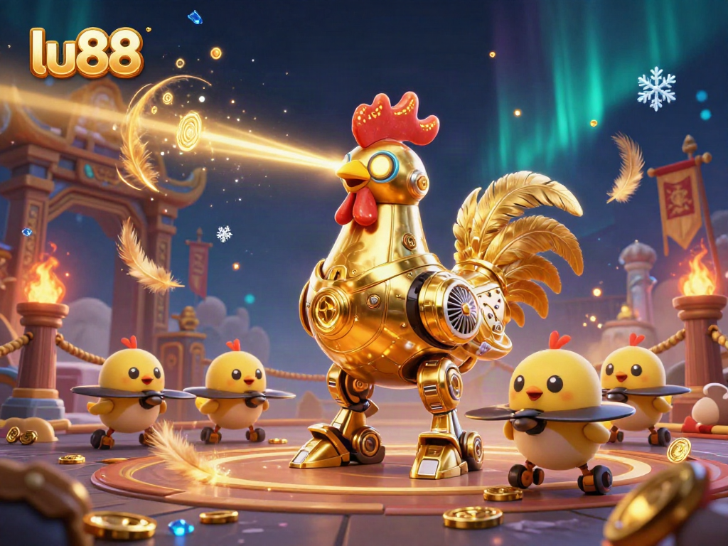 Engage with thrilling gameplay at LU88 featuring a golden rooster robot amidst a vibrant casino backdrop.