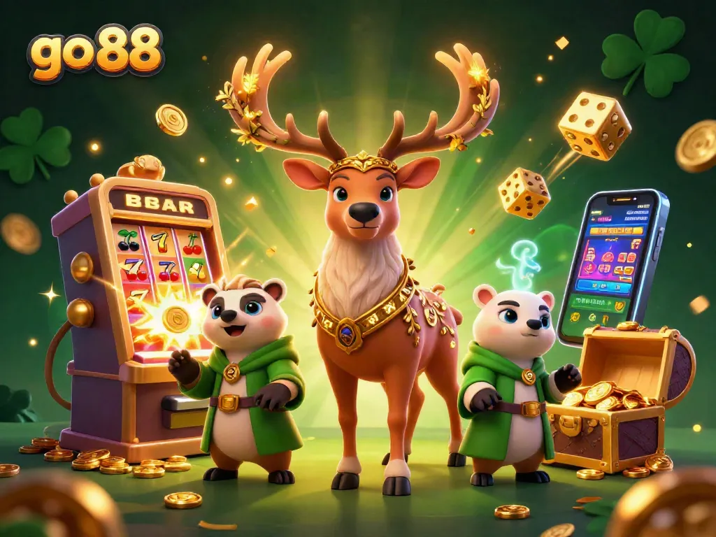 Experience the magic of go 88 with druid characters surrounded by bursting slot symbols and lively effects.