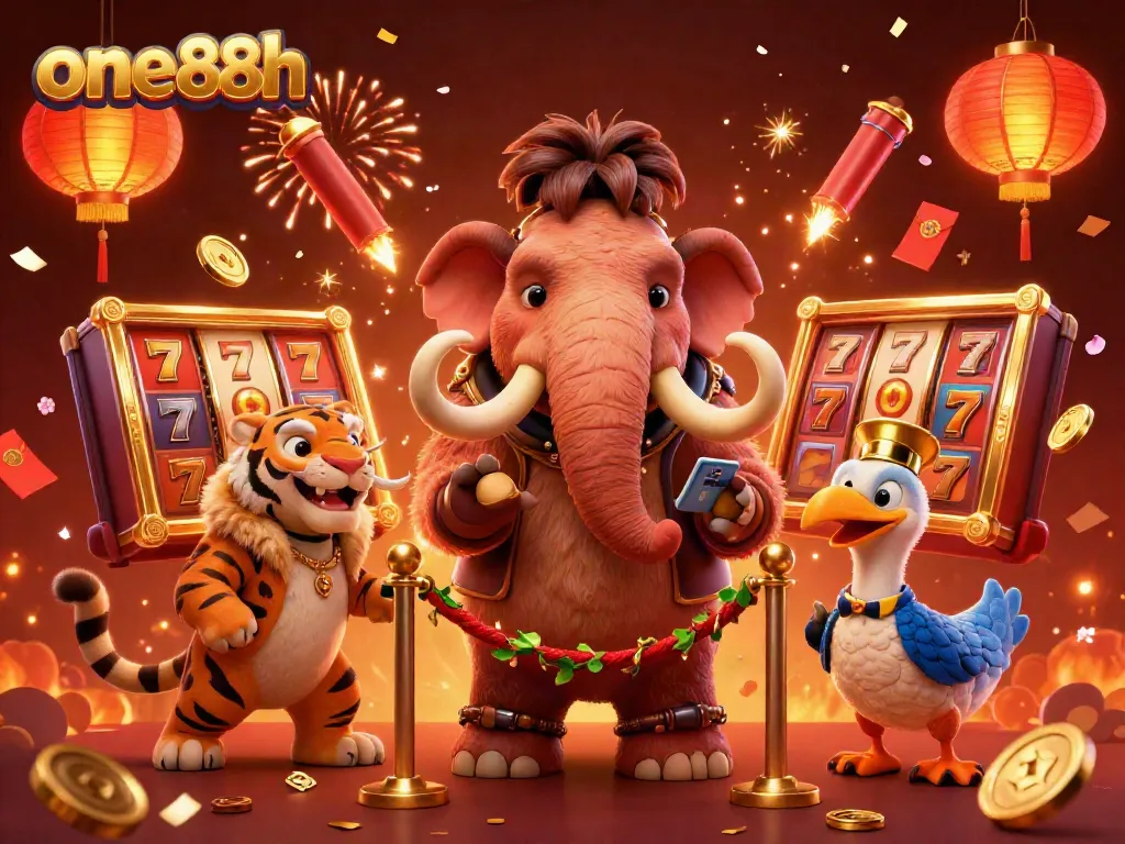 Experience thrilling adventures at one88h with a vibrant casino scene featuring unique characters and festive decorations.