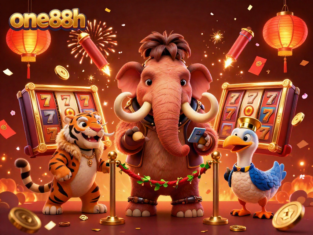 Experience thrilling adventures at one88h with a vibrant casino scene featuring unique characters and festive decorations.