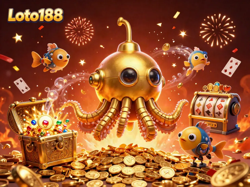 Experience the excitement of Loto188 with a vibrant, dynamic casino scene filled with golden kraken submarine and treasure elements.