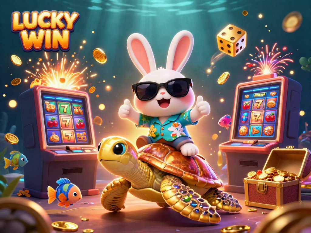 Experience excitement with LUCKY WIN as a lucky rabbit and golden turtle celebrate a casino jackpot.