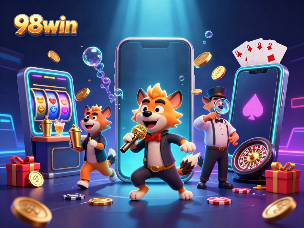 Experience excitement at 98win's vibrant casino scene with hyenas as comedic hosts and thrilling game elements.