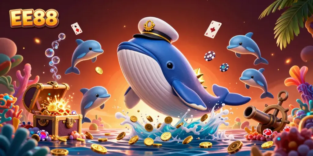Win big with EE88 in this vibrant 3D scene featuring whale and dolphins in a treasure sea.