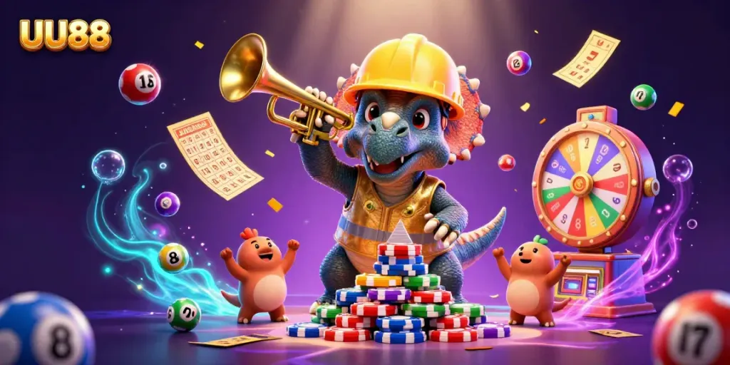 UU88 showcases a vibrant 3D casino scene with a triceratops and lottery elements, promoting gaming excitement.