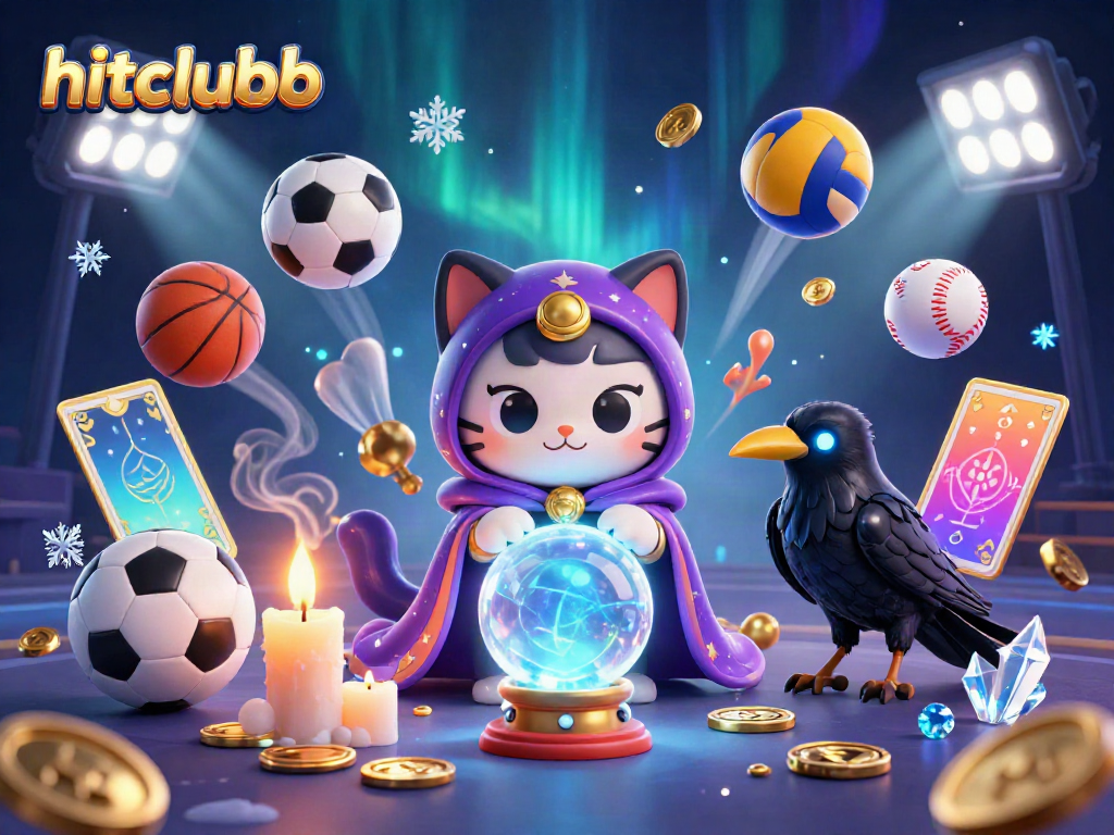hitclubb engaging gameplay with a mystical fortune teller cat, raven, and vibrant sports elements in a bustling casino scene.