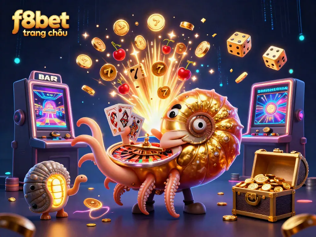 Engage with f8bet trang chủ as an ancient giant nautilus celebrates with golden coins and jackpot excitement.