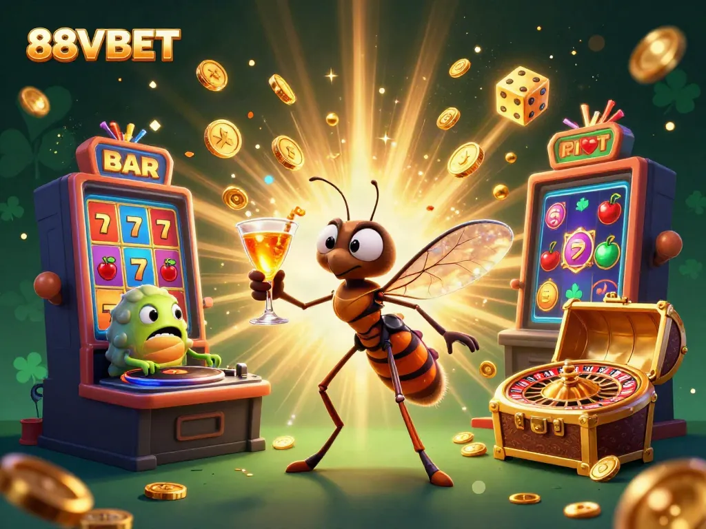 Experience a vibrant casino scene with 88VBET characters celebrating a big win amidst dynamic gaming elements.