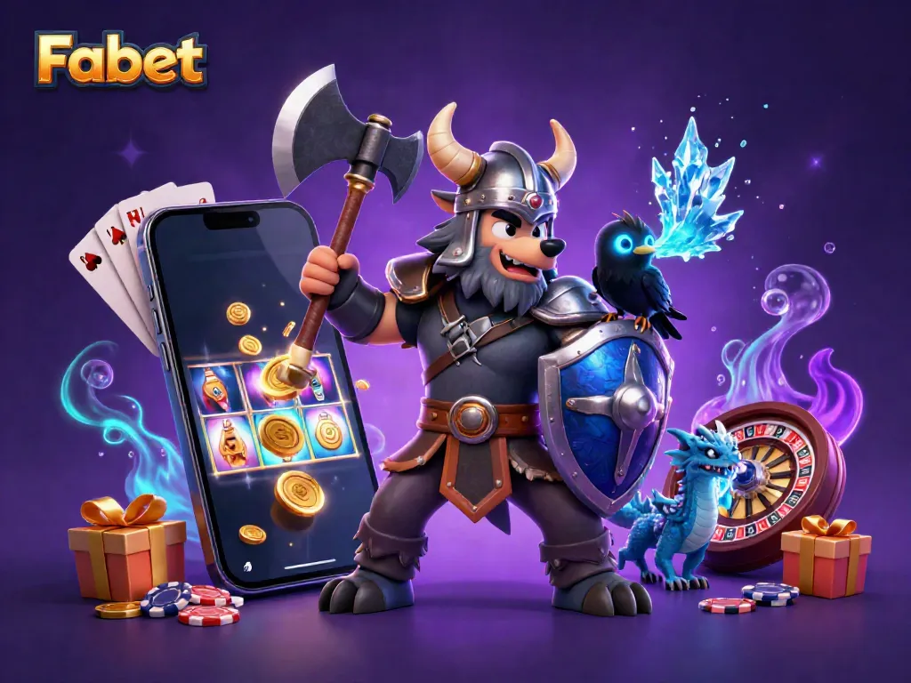 Experience the thrilling action at Fabet with an exciting 3D illustration of gaming characters amidst casino elements.
