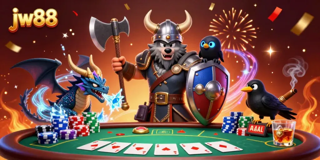 Engage in thrilling gambling action with JW88 poker characters and vibrant casino elements.