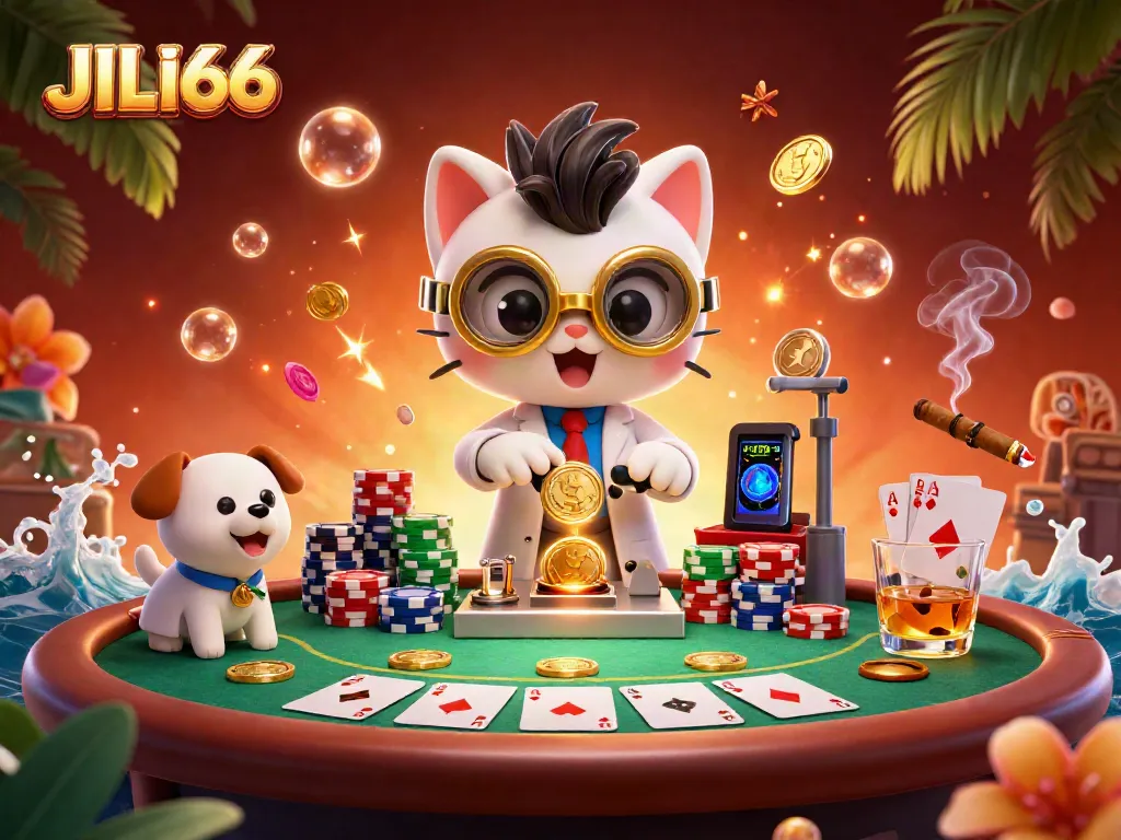 Experience the dynamic gameplay at JILI66 with a lively poker scene featuring a mad scientist cat and his dog assistant.