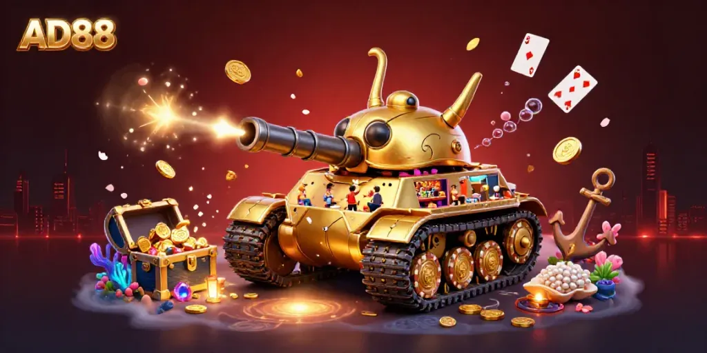Experience AD88's vibrant casino attractions within a colossal golden beetle tank, bursting with energy and excitement.