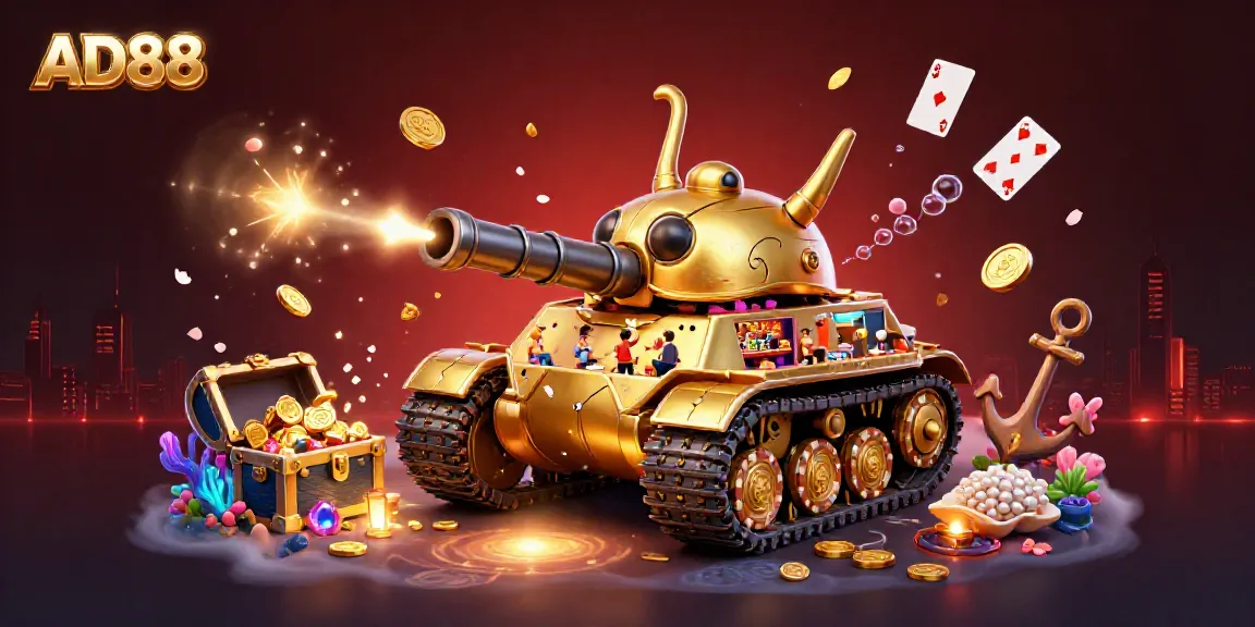 Experience AD88's vibrant casino attractions within a colossal golden beetle tank, bursting with energy and excitement.