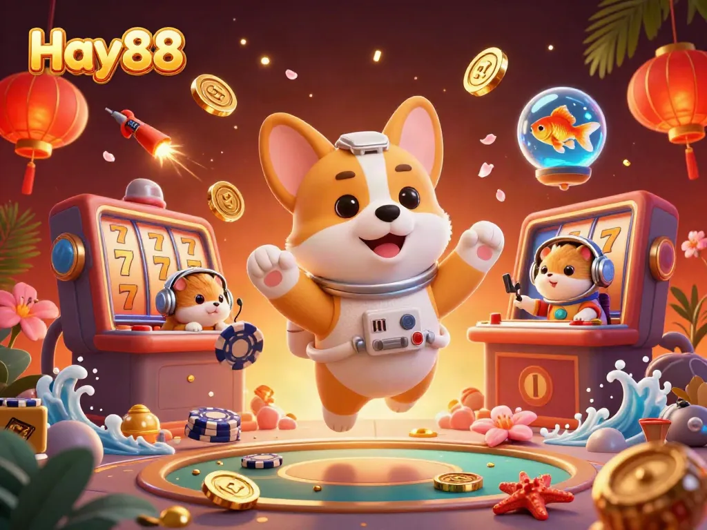 Experience thrilling gaming at Hay88 in a vibrant casino-inspired 3D digital scene.
