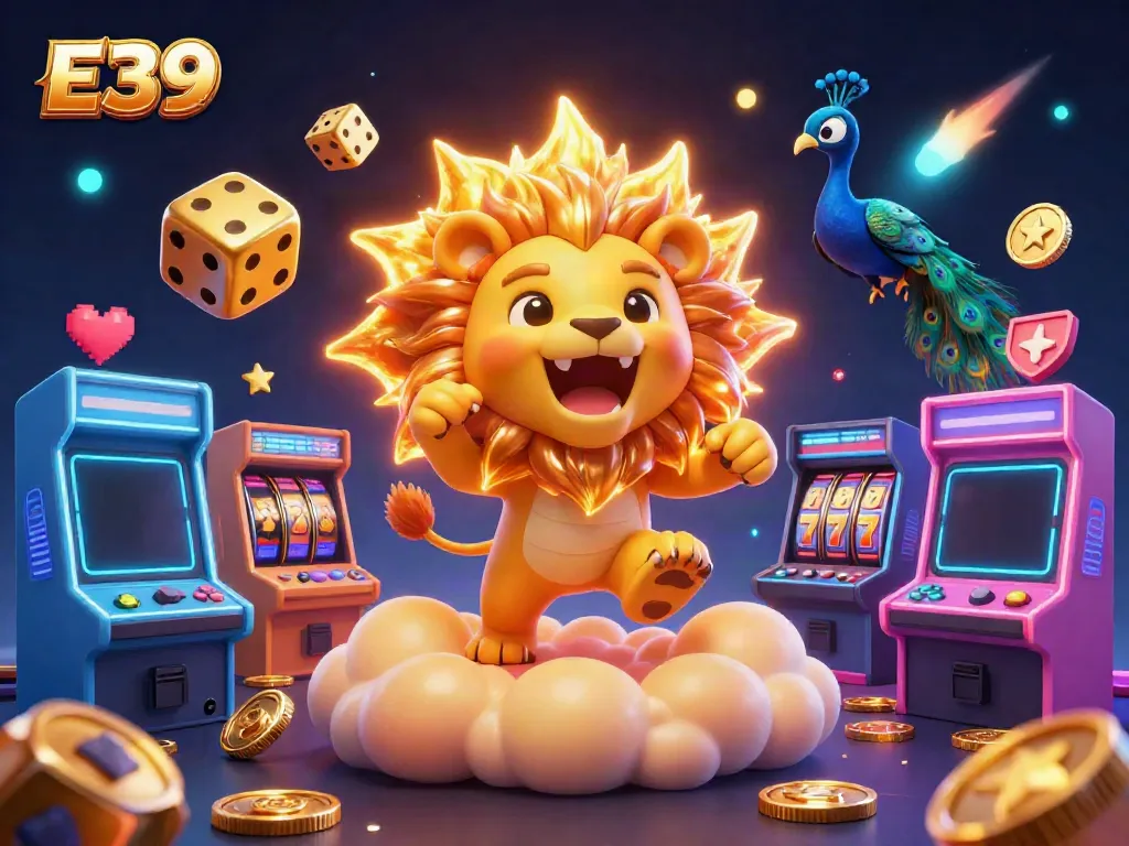 E39-themed illustration showcasing a lion character celebrating winnings amidst casino elements and vibrant colors.