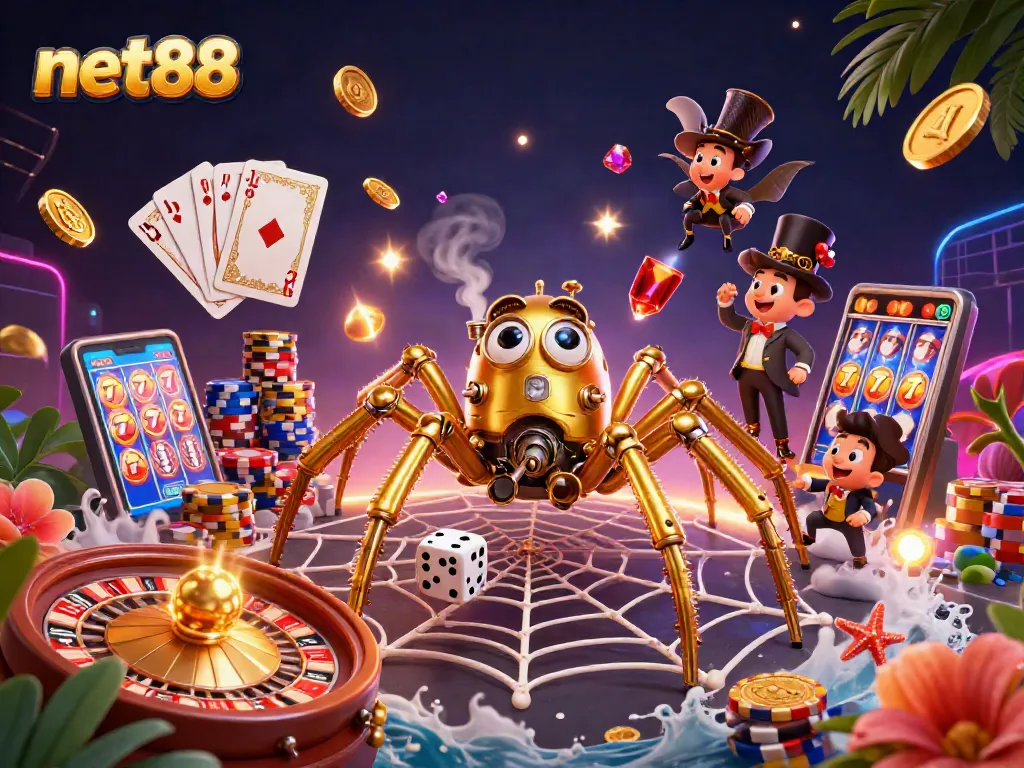 Engage with net88's vibrant gaming adventure featuring a golden spider and fly gentleman amidst iconic casino elements.