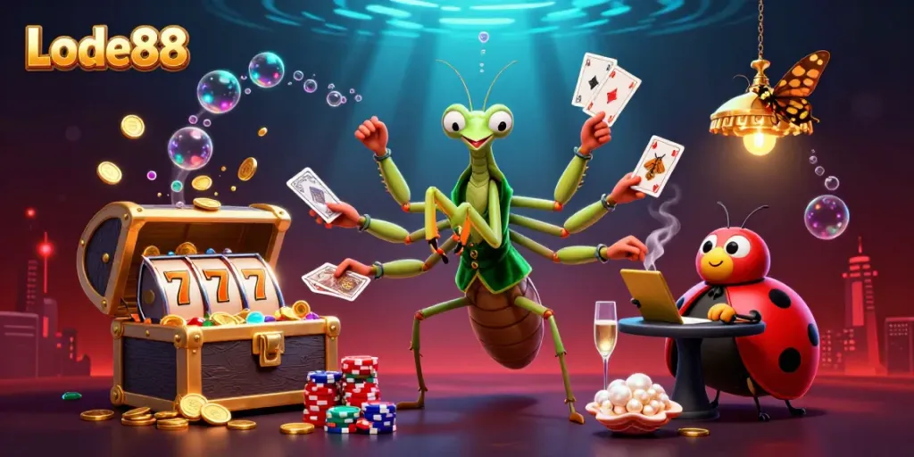 Engage with Lode88 in this vibrant casino scene showcasing a giant praying mantis, ladybug pit boss, and dynamic gaming elements.