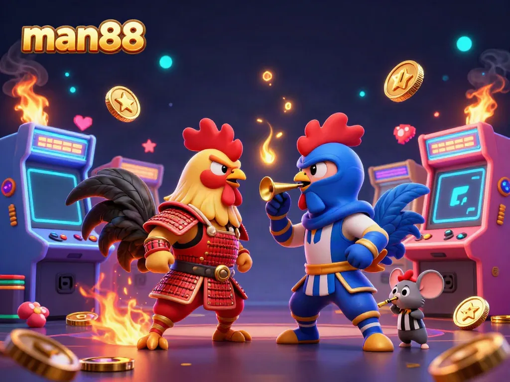 Engage in thrilling battles with man88's dynamic fighting roosters in a vibrant casino scene.
