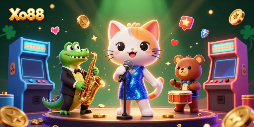Engage in thrilling gaming at Xo88 with lively mascots performing in a glamorous casino setting.