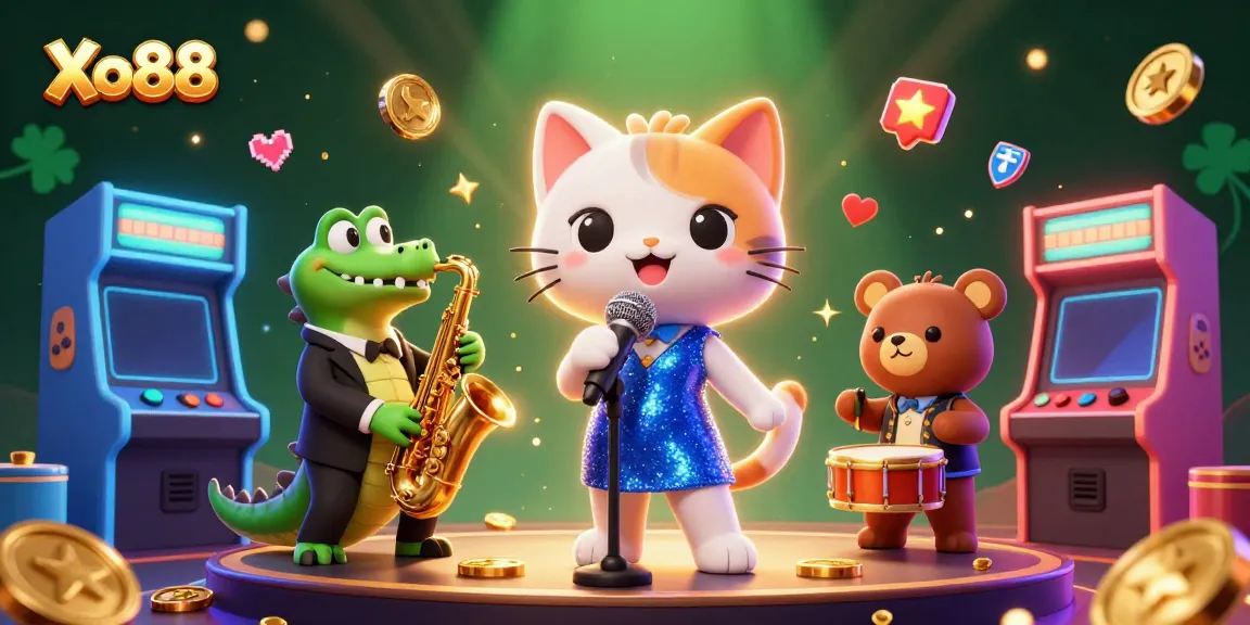 Engage in thrilling gaming at Xo88 with lively mascots performing in a glamorous casino setting.