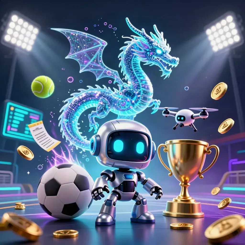 Cyberpunk robot, holographic dragon and coin drone amid flying sports balls, coins and neon casino lights.