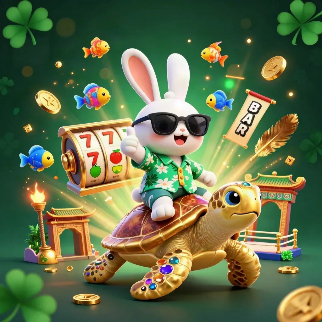 Lucky rabbit rides a gold sea turtle amid casino symbols and tropical fish