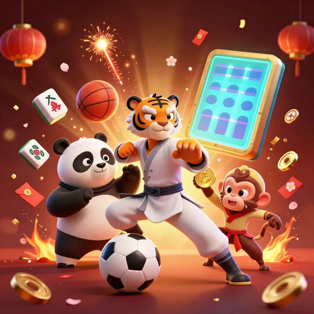 Tiger, panda, and monkey amid neon sports-casino props, coins, lanterns, and glowing light.