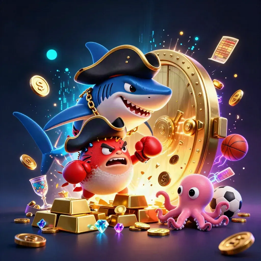 Pirate shark, boxing pufferfish, and coin-juggling octopus amid treasure, sports balls, and neon glow.